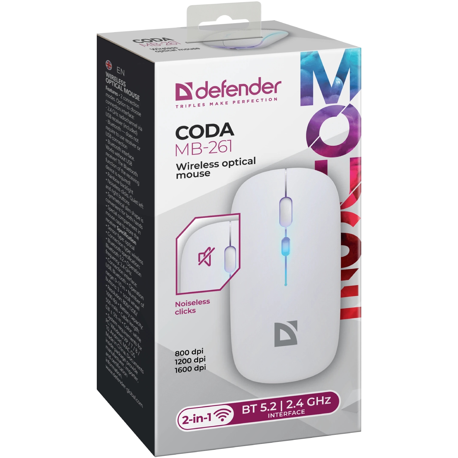 Мишка Defender Coda MB-261 бездротова, Bluetooth+2.4 ГГц, ігрова, 3 кн. 1600 dpi, 300mAh, біла (52262) на малюнкі №5