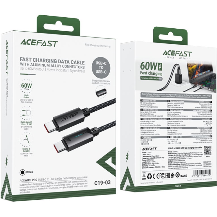 Кабель USB 2.0 Type-C M-M, 1.2 м 60W, Black, C19-03 Acefast (6974316284475) Чорний на малюнкі №5