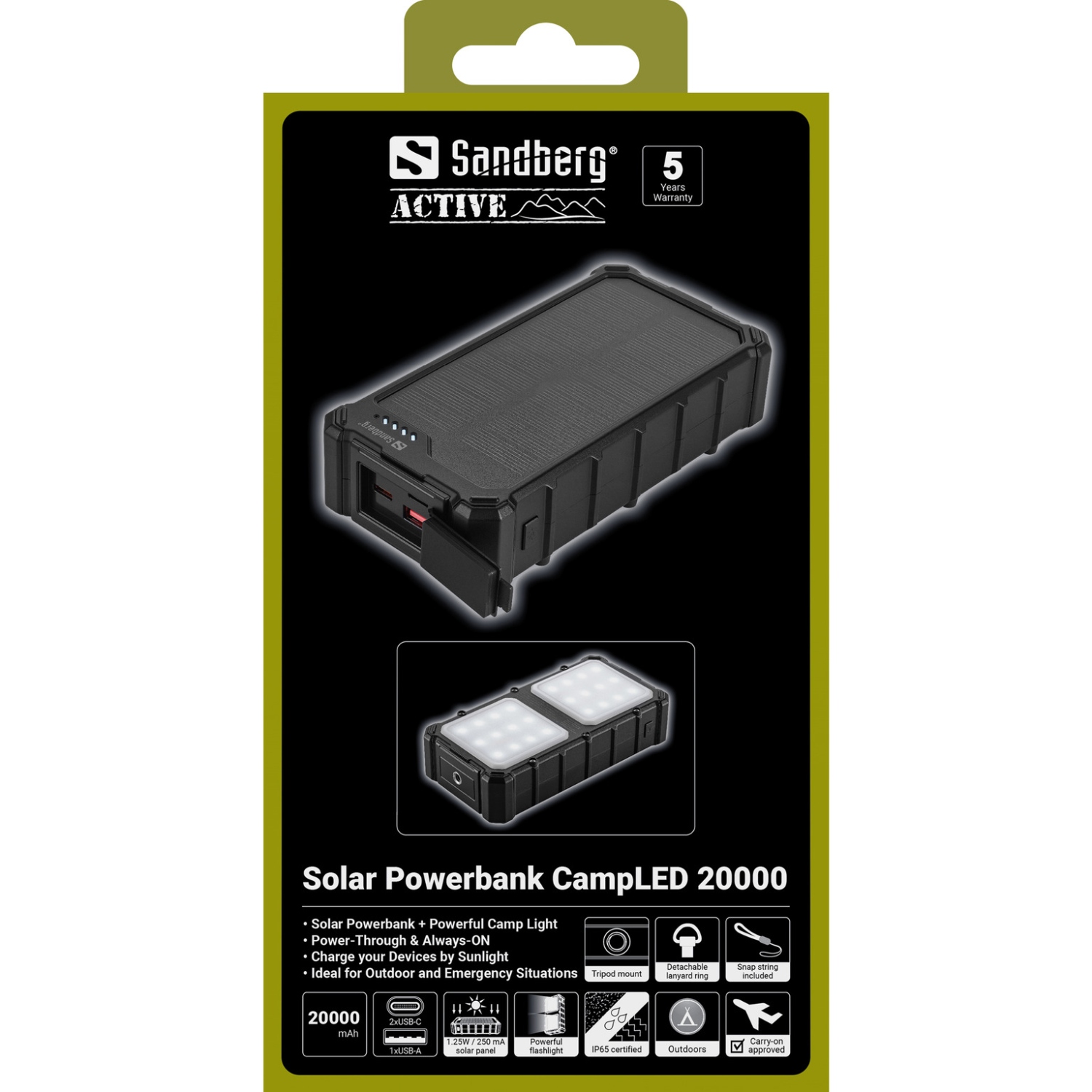 УМБ сонячна Sandberg 20000mAh 22,5W PD Solar Powerbank CampLED, USB-A,2xUSB-C In/Out, Powerful light (421-24) на малюнкі №7