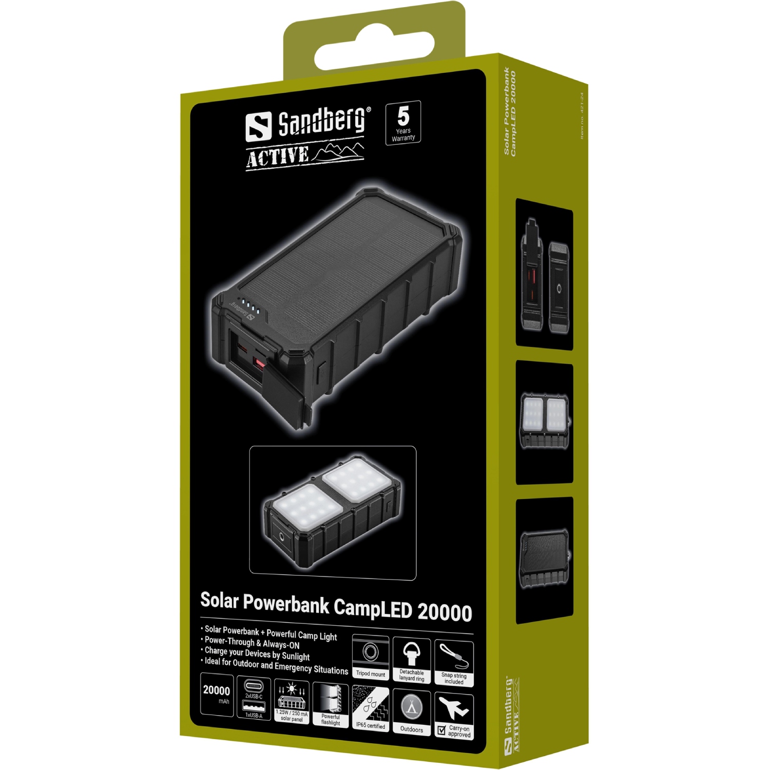 УМБ сонячна Sandberg 20000mAh 22,5W PD Solar Powerbank CampLED, USB-A,2xUSB-C In/Out, Powerful light (421-24) на малюнкі №8