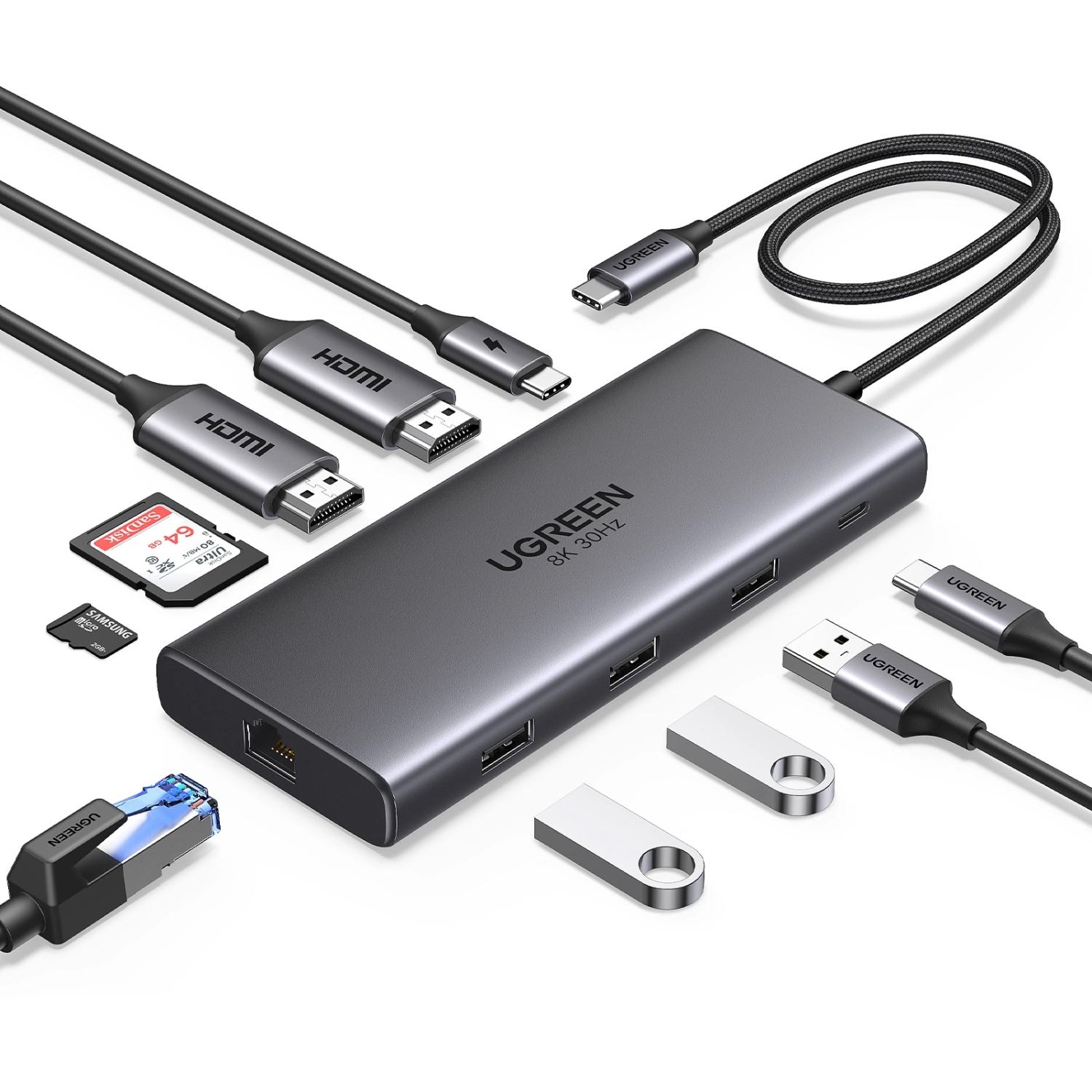 Док-станція USB3.2 Type-C -- HDMIx2,8K30Hz/4K60Hz/3xUSB-A/2xUSB-C 3.2/ RJ45/SD/TF/PD 100W CM639 (15534) на малюнкі №2