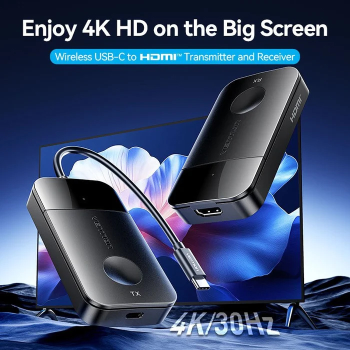 Комплект USB-C М -- HDMI бездротовий передавач + приймач, 4K30Гц, 5GHz, до 50м, 60W PD Vention (ADOBB) Чорний на малюнкі №2