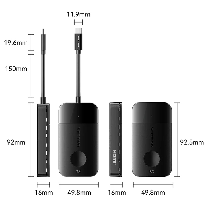 Комплект USB-C М -- HDMI бездротовий передавач + приймач, 4K30Гц, 5GHz, до 50м, 60W PD Vention (ADOBB) Чорний на малюнкі №7