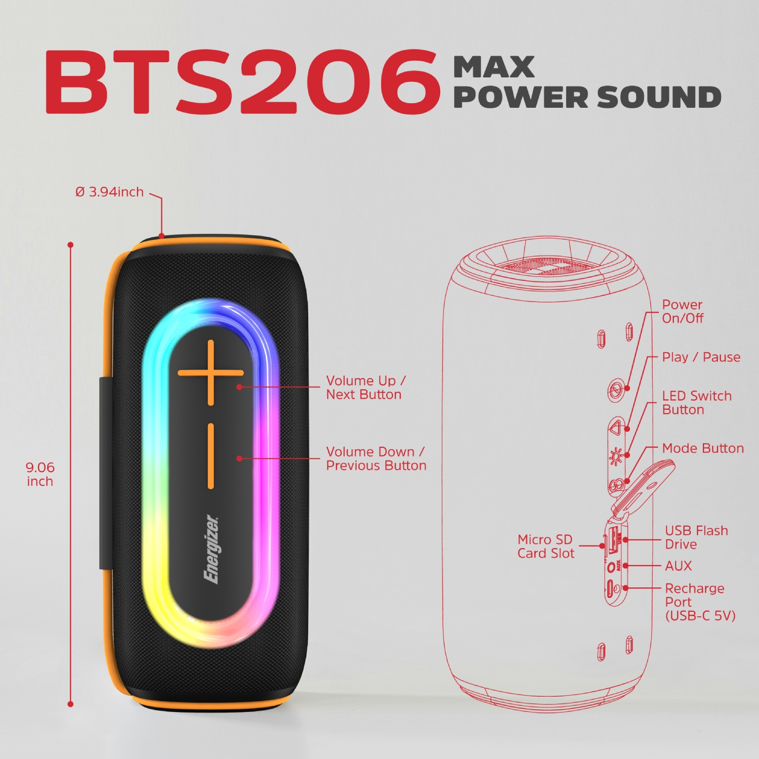 Акустична система 1.0 Energizer 20Вт Bluetooth 5.2/MicroSD/USB/AUX/FM,IPX65, 360° Sound чорна (BTS206) Чорний на малюнкі №8