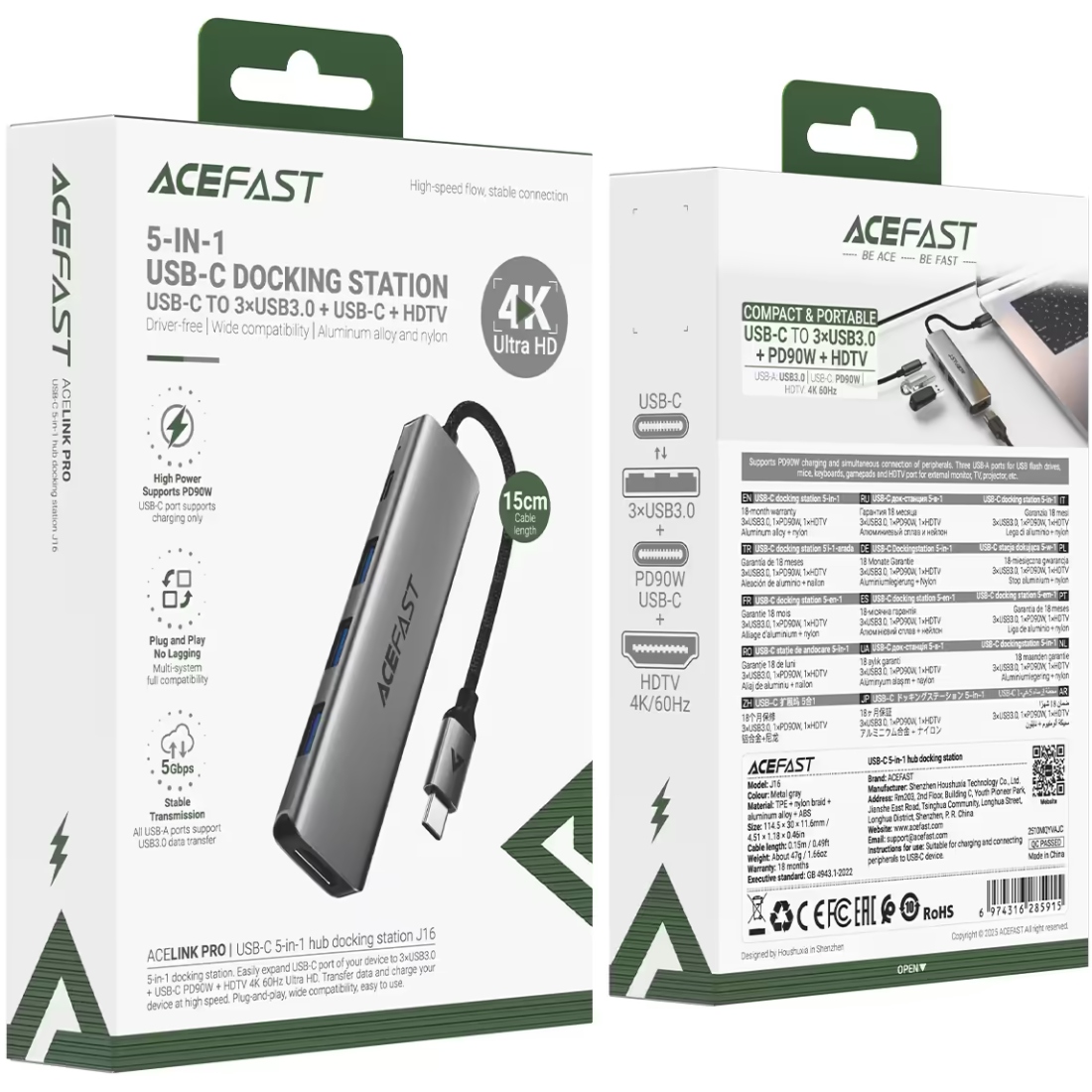 Док-станція USB3.0 Type-C -- HDMI4K/3xUSB-A 3.0/USB-C PD 90W Hub 5-in-1 J16 Acefast (6974316285915) на малюнкі №4