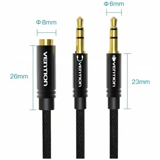 Перехідник Audio Jack TRS F - 2xM, 1.0м, Cotton braided Vention (BBLBF) Чорний на малюнкі №2
