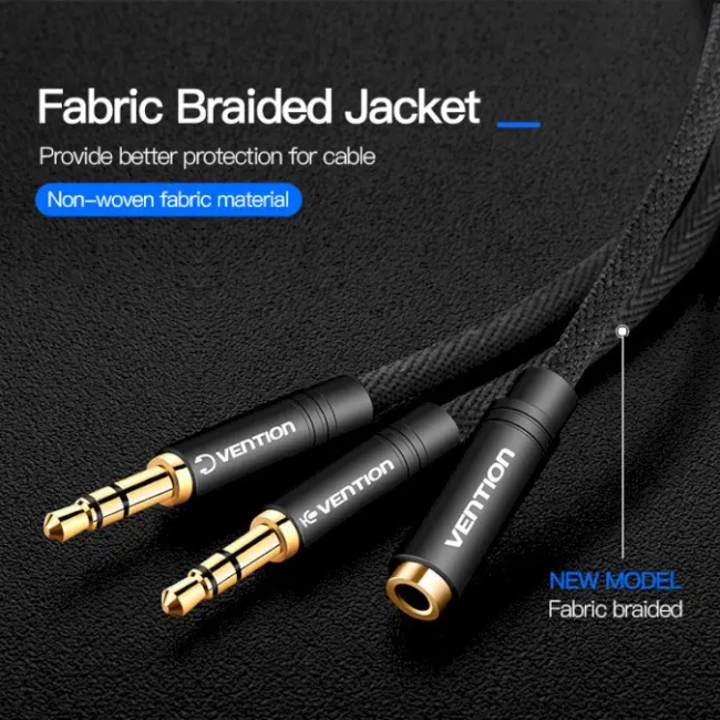 Перехідник Audio Jack TRS F - 2xM, 1.0м, Cotton braided Vention (BBLBF) Чорний на малюнкі №4