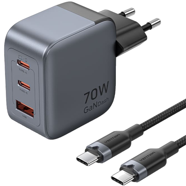Зарядний пристрій 3xUSB 70W GaN (2хUSB-C+USB-A) + USB-C cable М-М Black Vention (TZ-FEXH0-EU) на малюнкі №1