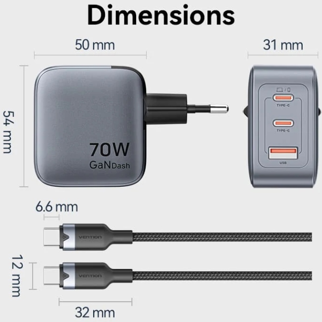 Зарядний пристрій 3xUSB 70W GaN (2хUSB-C+USB-A) + USB-C cable М-М Black Vention (TZ-FEXH0-EU) на малюнкі №2