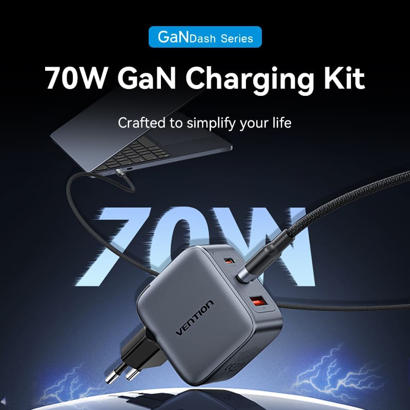 Зарядний пристрій 3xUSB 70W GaN (2хUSB-C+USB-A) + USB-C cable М-М Black Vention (TZ-FEXH0-EU) на малюнкі №4