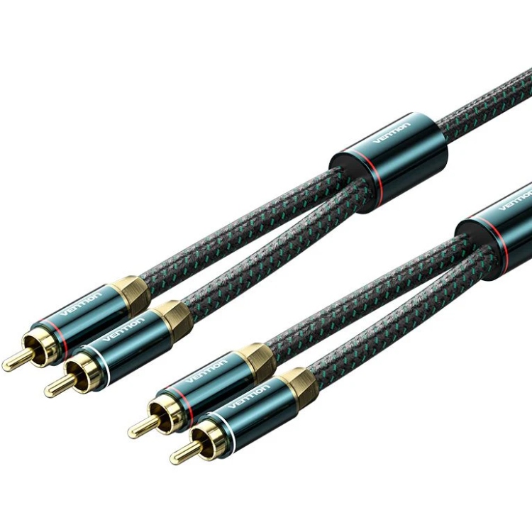 Кабель AUX Audio HiFi 2RCAx2 M/M 5.0м, OFC Silver, Zinc alloy, зелений, Vention (BCUGJ) Зелений на малюнкі №1
