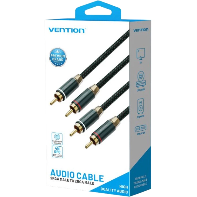 Кабель AUX Audio HiFi 2RCAx2 M/M 5.0м, OFC Silver, Zinc alloy, зелений, Vention (BCUGJ) Зелений на малюнкі №2