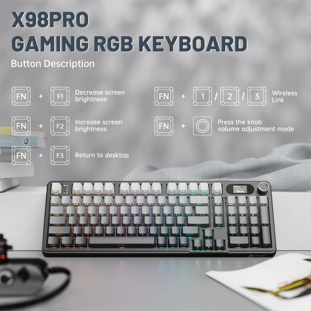Клавіатура ігрова механічна Attack Shark X98 Pro 99кл. RGB, Wireless, TFT disp, Moonlit Night (X98PROMN_AS) Чорний на малюнкі №9