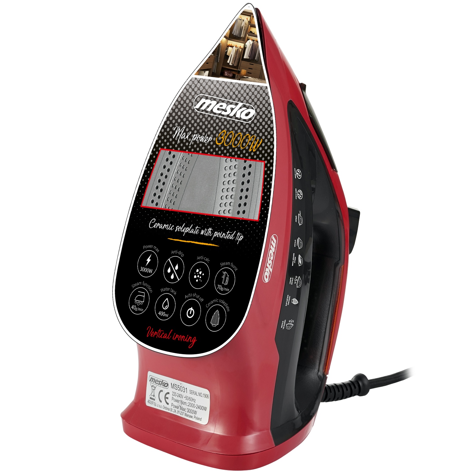 Праска Mesko MS 5031 red 3000Вт/ 400 мл/ кераміка/ Крапля-стоп/автовимкнення/ червона (MS5031) на малюнкі №5