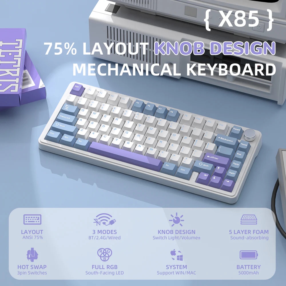 Клавіатура ігрова механічна Attack Shark X85 82кл.RGB,Wireless,White Jade перемикачі,Starlight White (X85SW_AS) Білий на малюнкі №2