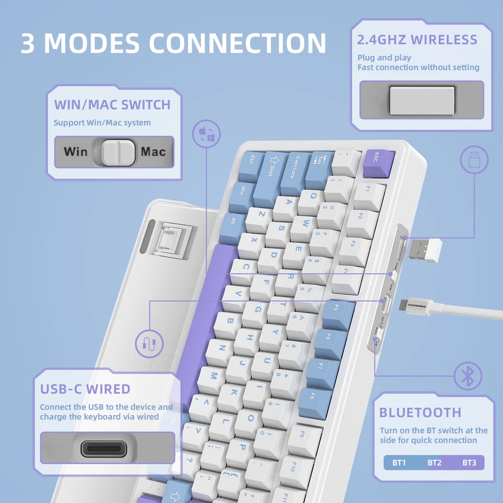 Клавіатура ігрова механічна Attack Shark X85 82кл.RGB,Wireless,White Jade перемикачі,Starlight White (X85SW_AS) Білий на малюнкі №3