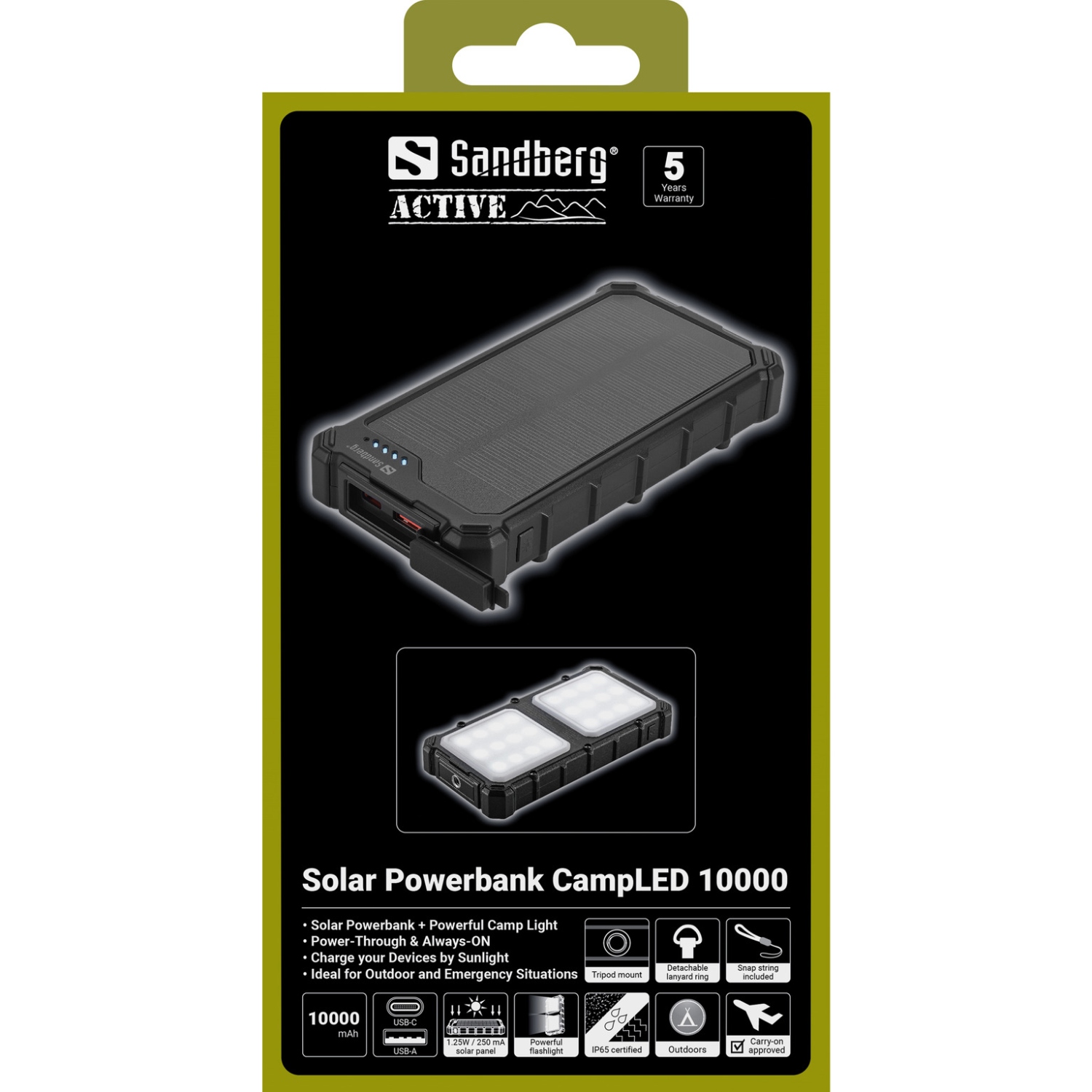 УМБ сонячна Sandberg 10000mAh 22,5W PD Solar Powerbank CampLED, USB-A,USB-C In/Out, PowerThru (421-23) на малюнкі №7