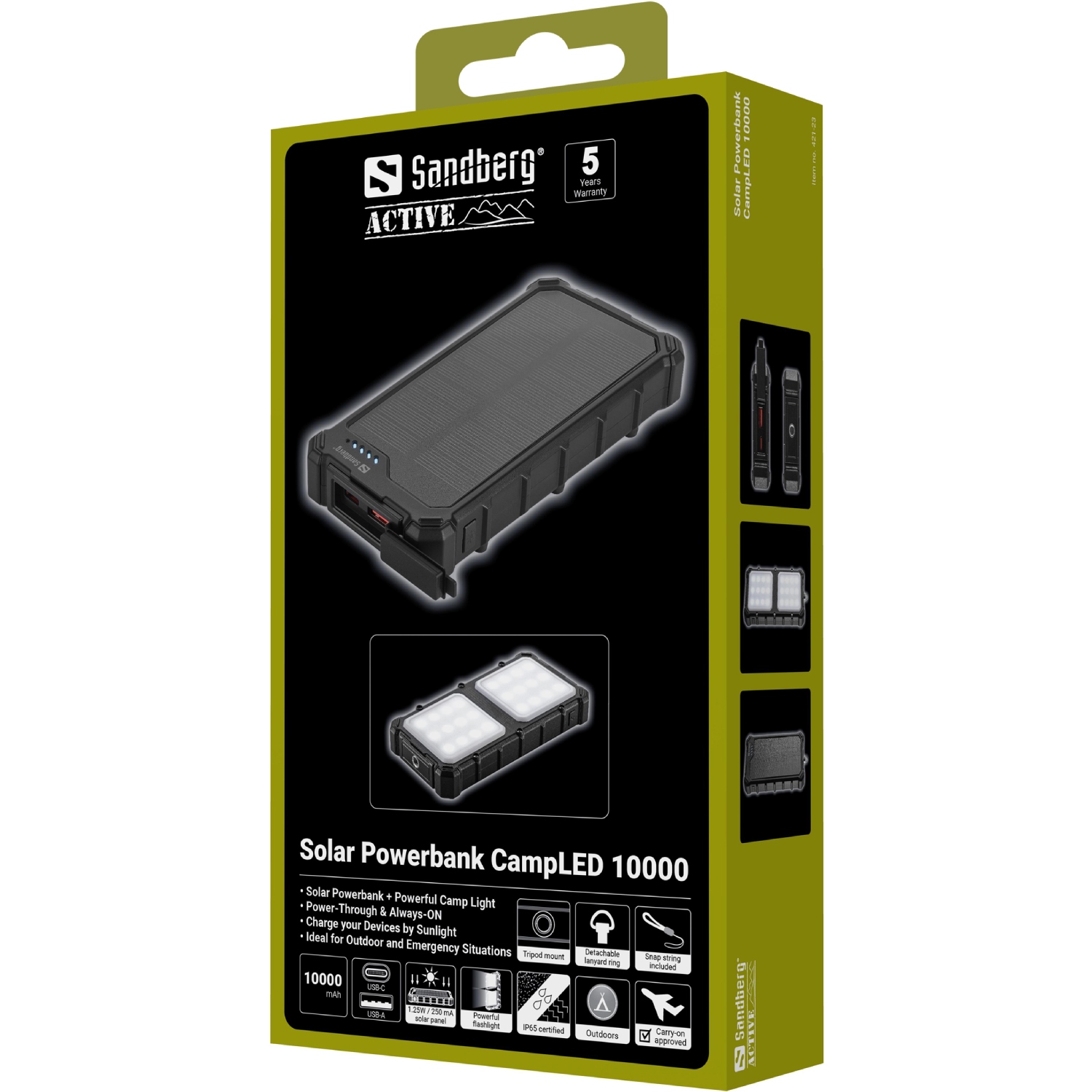 УМБ сонячна Sandberg 10000mAh 22,5W PD Solar Powerbank CampLED, USB-A,USB-C In/Out, PowerThru (421-23) на малюнкі №8