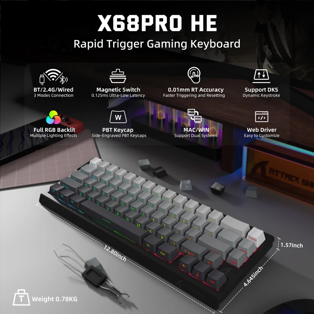 Клавіатура ігрова магнітна Attack Shark X68 Pro HE 66кл. RGB, Wireless, Moonlit Night (X68PROHEML_AS) Чорний на малюнкі №4
