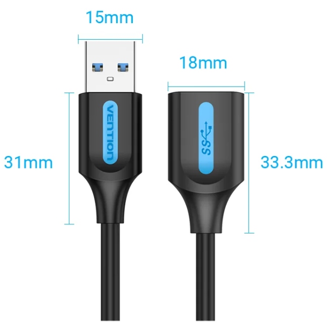 Кабель продовжувач USB 3.0 AM/AF 0.5м, 5Gbps, PVC Type, чорний, Vention (CBHBD) Чорний на малюнкі №2