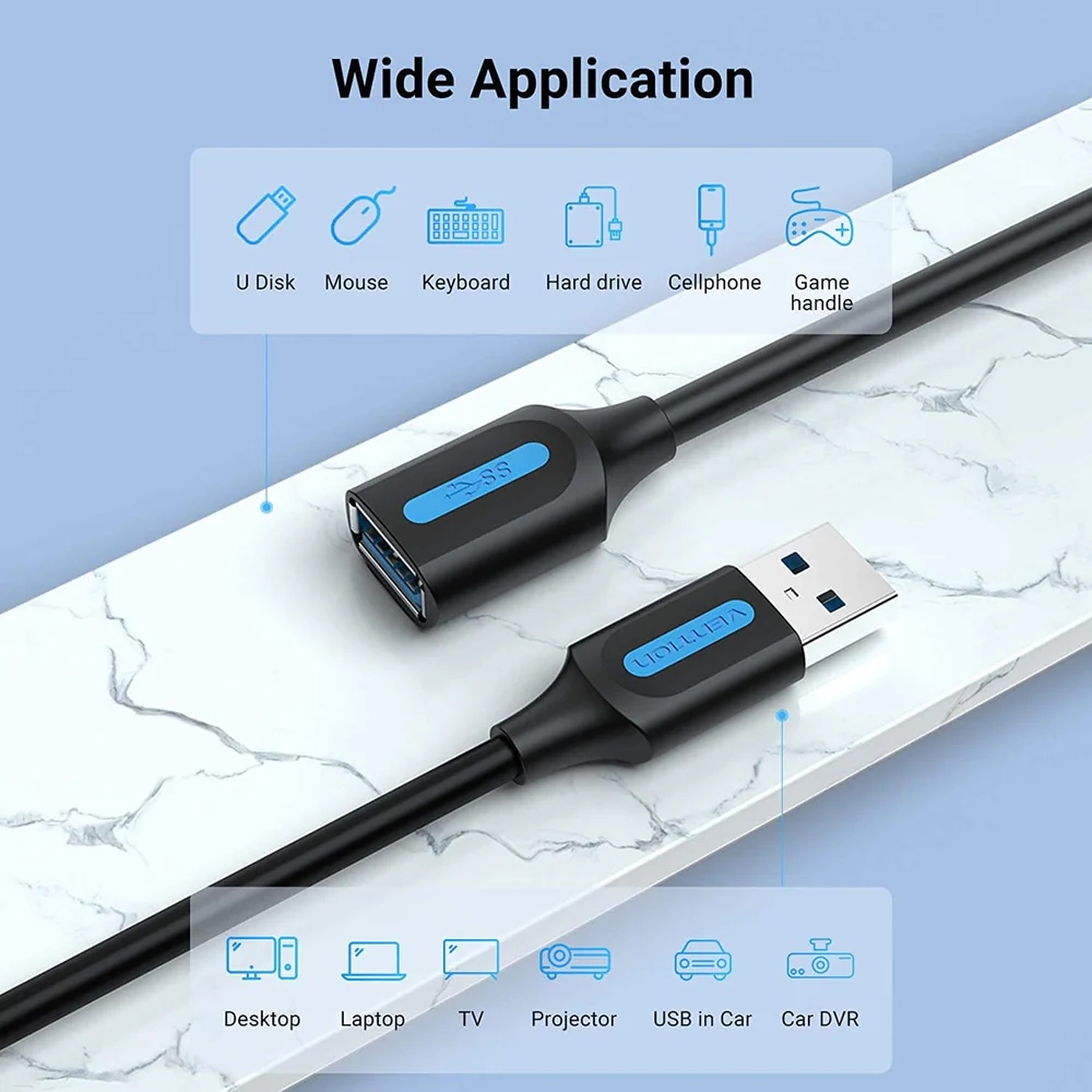 Кабель продовжувач USB 3.0 AM/AF 0.5м, 5Gbps, PVC Type, чорний, Vention (CBHBD) Чорний на малюнкі №4