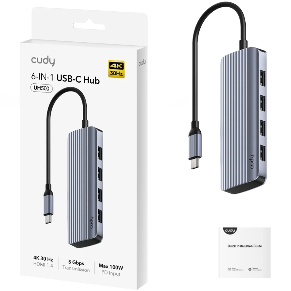 Хаб USB 3.0 Type-C - 4xUSB-A, 1хUSB-C, 1xHDMI 4K@60 Hz, алюмінієвий корпус, Cudy (UH500) на малюнкі №4