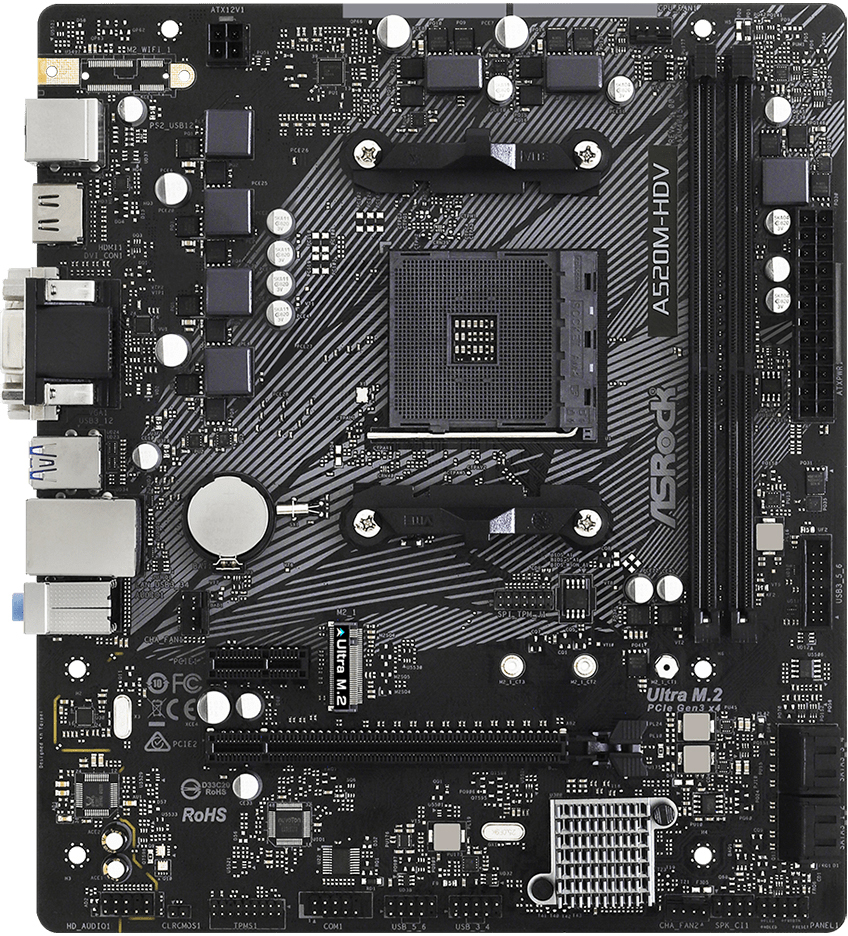 ASRock (AM4/A520, 2*DDR4, PCIex16, D-Sub/DVI-D/HDMI, 4xSATAІІІ, M.2, GLan, 8ch, mATX) (A520M-HDV) на малюнкі №1