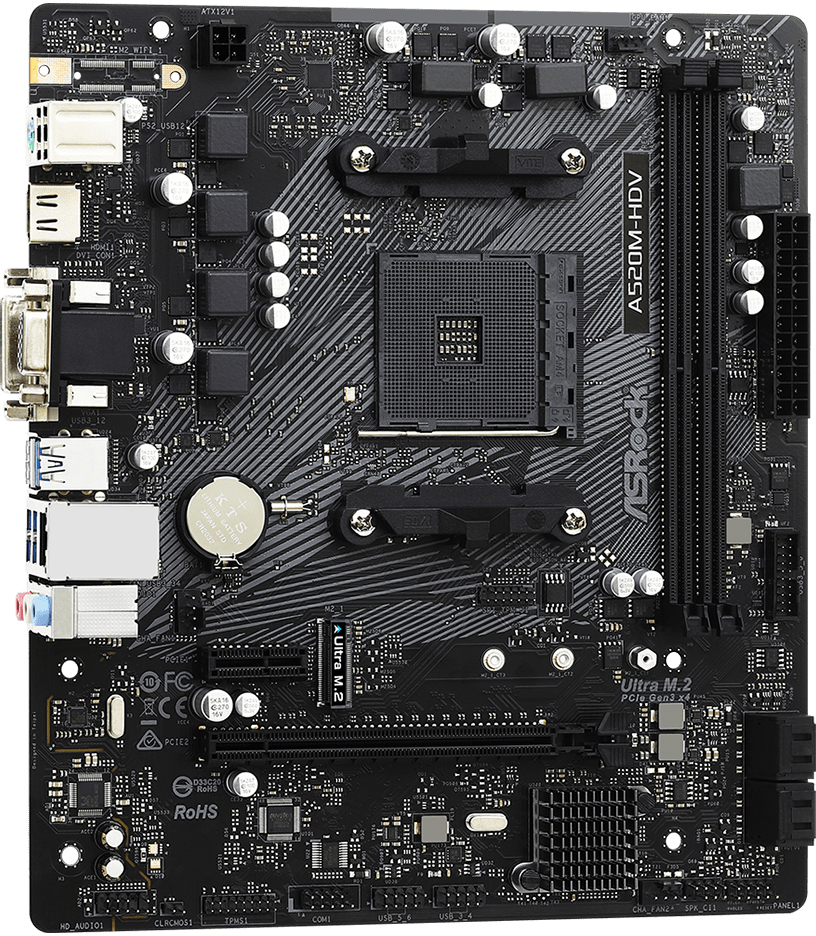ASRock (AM4/A520, 2*DDR4, PCIex16, D-Sub/DVI-D/HDMI, 4xSATAІІІ, M.2, GLan, 8ch, mATX) (A520M-HDV) на малюнкі №2