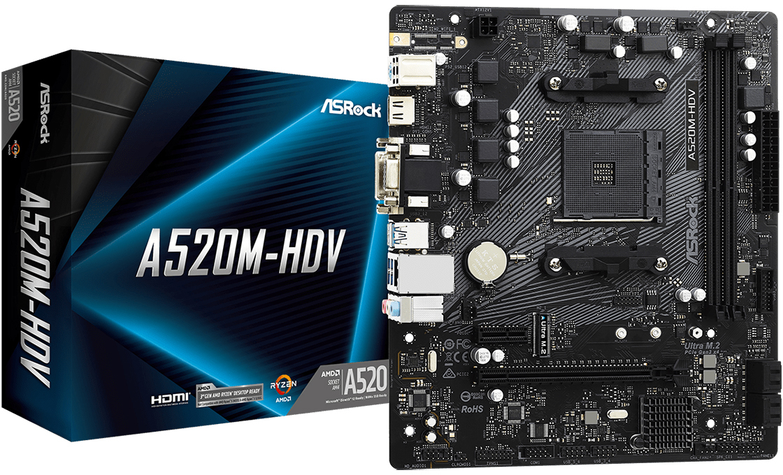 ASRock (AM4/A520, 2*DDR4, PCIex16, D-Sub/DVI-D/HDMI, 4xSATAІІІ, M.2, GLan, 8ch, mATX) (A520M-HDV) на малюнкі №5