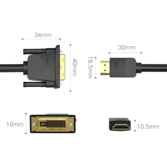 Кабель HDMI M - DVI (24+1 24+5), 5.0 м, PVC Vention (ABFBJ) на малюнкі №3