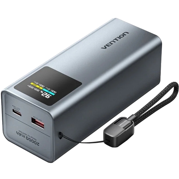 УМБ Vention 20000mAh 100W PD,QC3.0, USB-A,USB-C In/Out,with Built-in USB-C Cable, LED Display,Black (FKCH0) на малюнкі №1