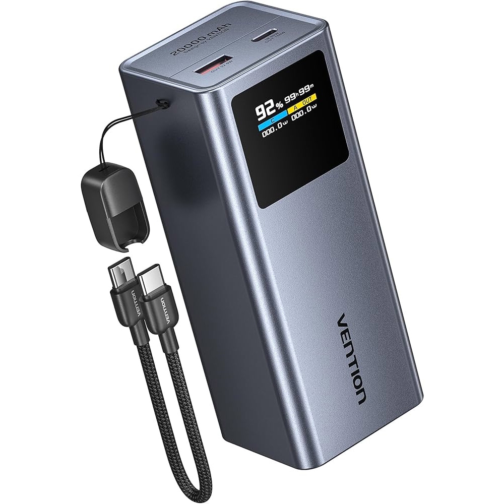 УМБ Vention 20000mAh 100W PD,QC3.0, USB-A,USB-C In/Out,with Built-in USB-C Cable, LED Display,Black (FKCH0) на малюнкі №2