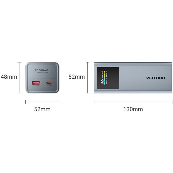 УМБ Vention 20000mAh 100W PD,QC3.0, USB-A,USB-C In/Out,with Built-in USB-C Cable, LED Display,Black (FKCH0) на малюнкі №3