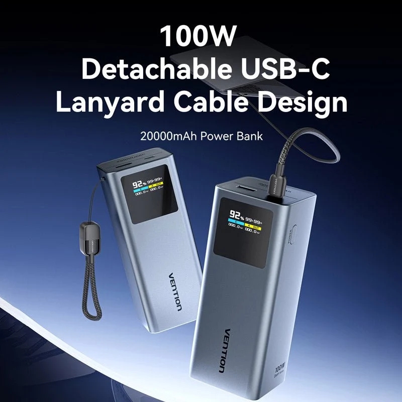 УМБ Vention 20000mAh 100W PD,QC3.0, USB-A,USB-C In/Out,with Built-in USB-C Cable, LED Display,Black (FKCH0) на малюнкі №5