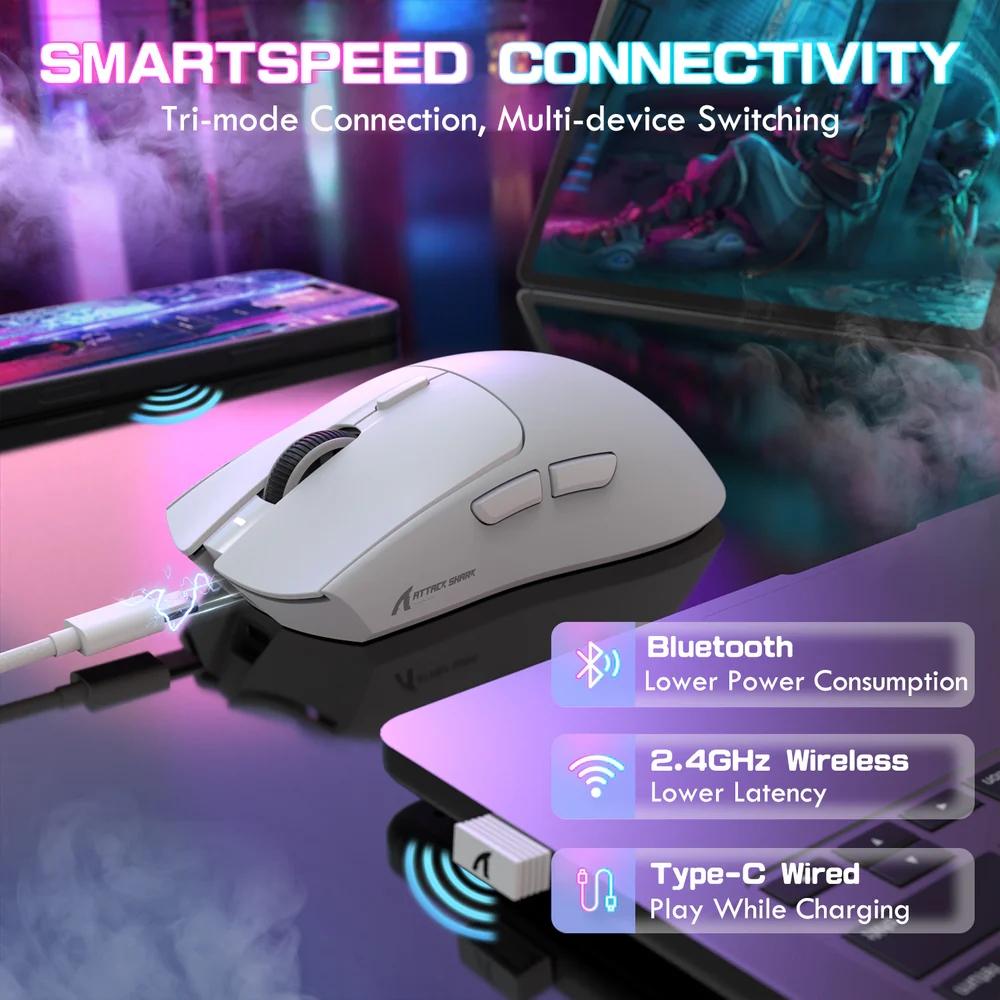 Мишка Attack Shark X1, Wireless/Bluetooth, 40000dpi. (PAW3395PRO), 6кн, White (X1W_AS) Білий на малюнкі №6