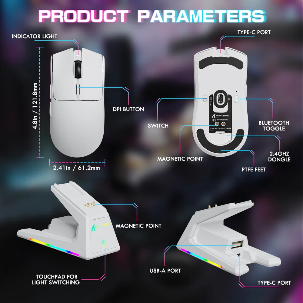Мишка Attack Shark X1, Wireless/Bluetooth, 40000dpi. (PAW3395PRO), 6кн, White (X1W_AS) Білий на малюнкі №10