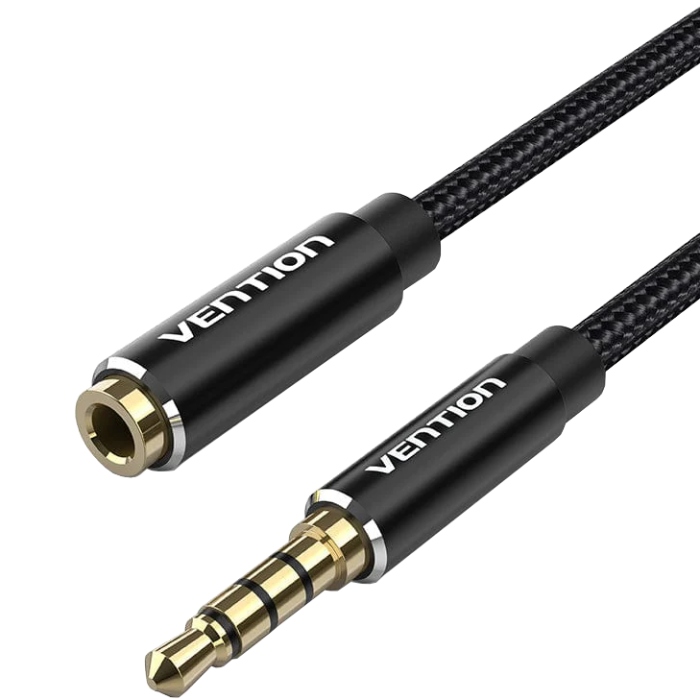 Кабель AUX Audio TRS M/F 5.0м Gold-Plated, нейлонове обплетення, Vention (BHCBJ) Чорний на малюнкі №1