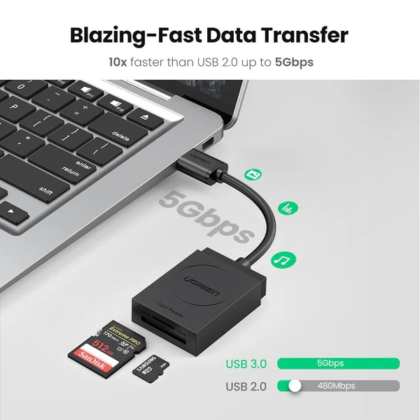 Card Reader USB 3.0 -- 2-слота SD/TF Card 0,15 м кабель CR127 Ugreen (20250) на малюнкі №4