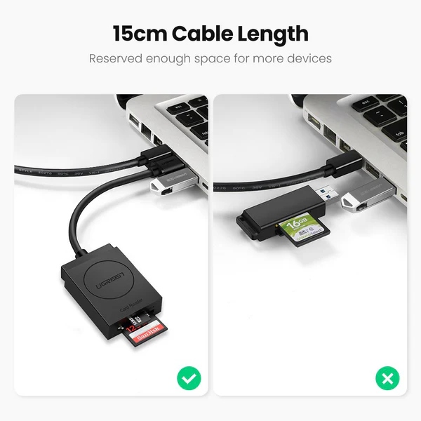 Card Reader USB 3.0 -- 2-слота SD/TF Card 0,15 м кабель CR127 Ugreen (20250) на малюнкі №6