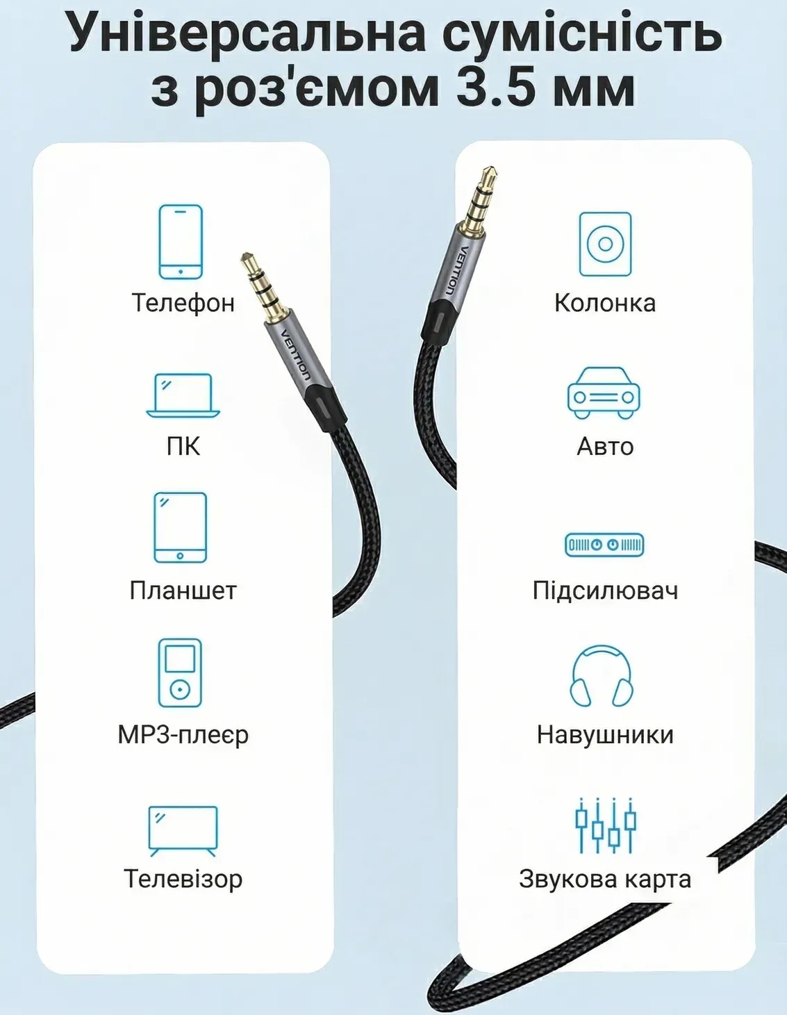 Кабель AUX Audio TRS M/M, 0.5м, сірий, обплетення, Vention (BAQHD) Сірий на малюнкі №6