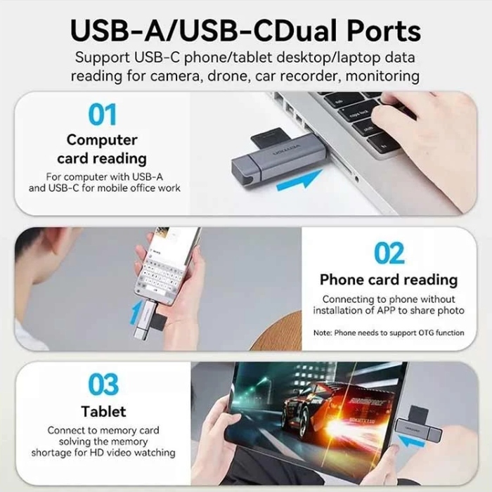 Card Reader USB 3.0 AM/USB-C, 2-слота SD/TF, Dual Drive Letter Aluminum Alloy, сірий Vention (CLLH0) на малюнкі №4