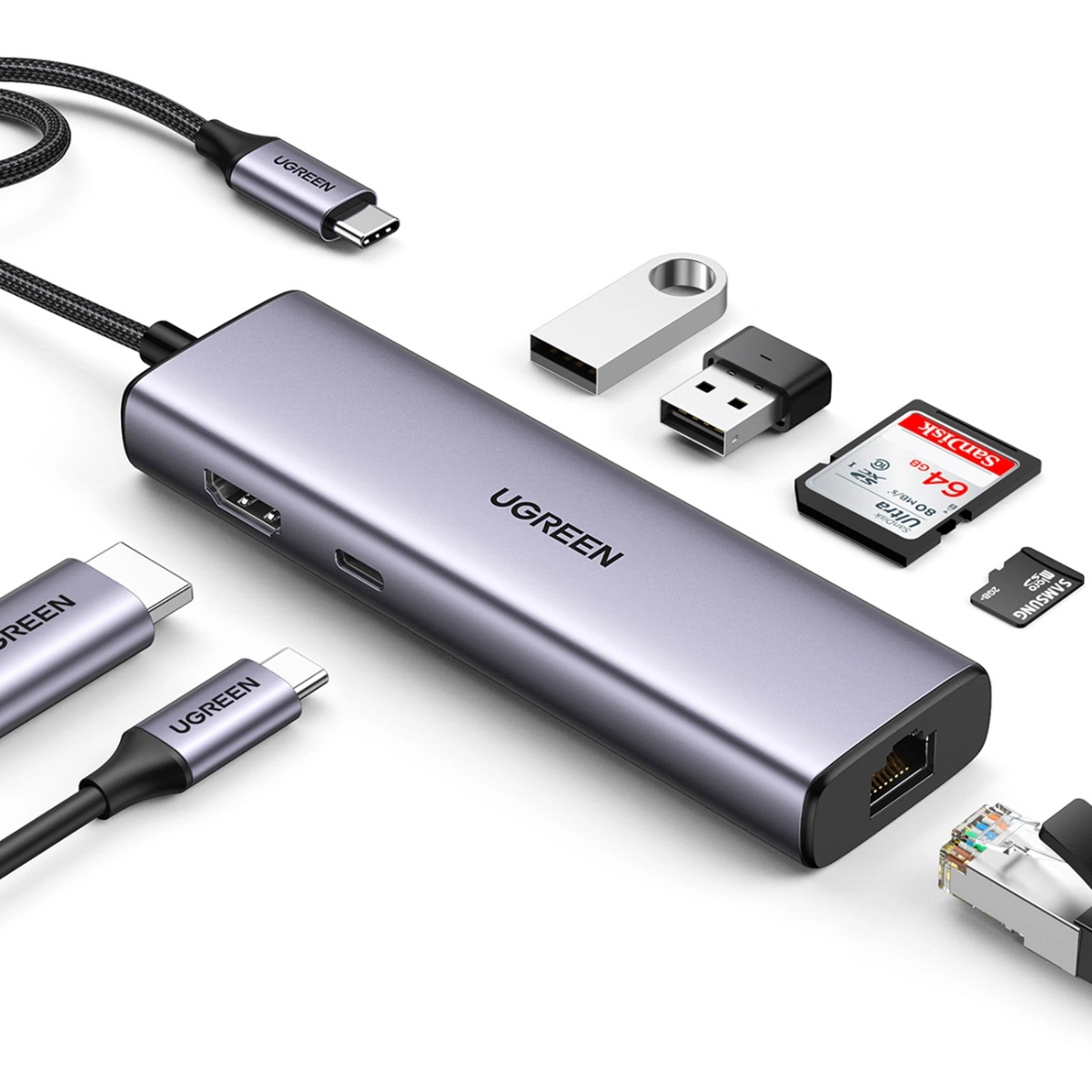 Док-станція USB3.1 Type-C -- HDMI 4K60Hz/USB 3.0x2/RJ45/SD/TF/PD 100W Ugreen CM512 Сіра (90568) на малюнкі №2