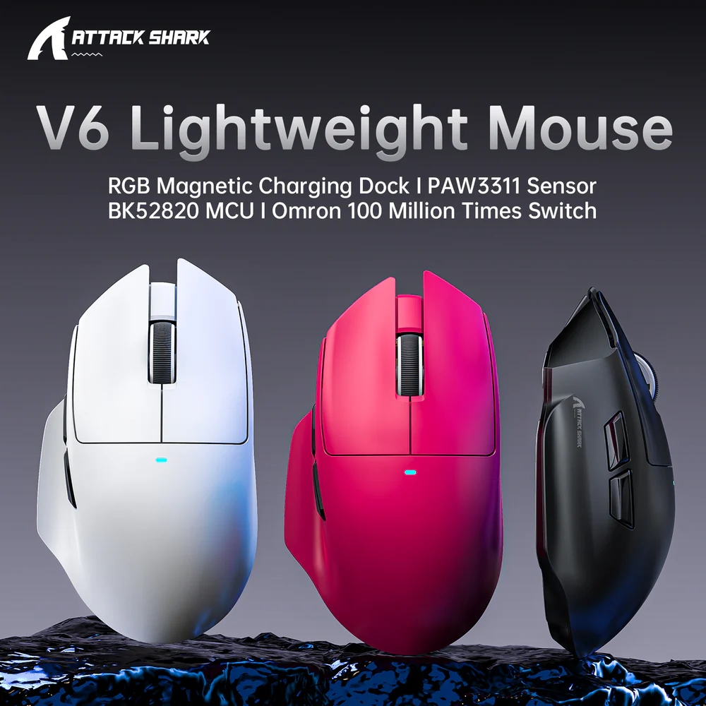 Мишка Attack Shark V6 Ultra-Light, Wireless/Bluetooth, 25000dpi. (PAW3311), 7кн, Black (V6B_AS) Чорний на малюнкі №4