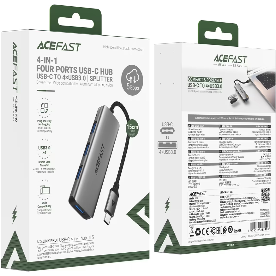 Хаб USB 3.0 - 4xUSB-A 3.0, 1м, Black J15 Acefast (6974316285908) на малюнкі №4