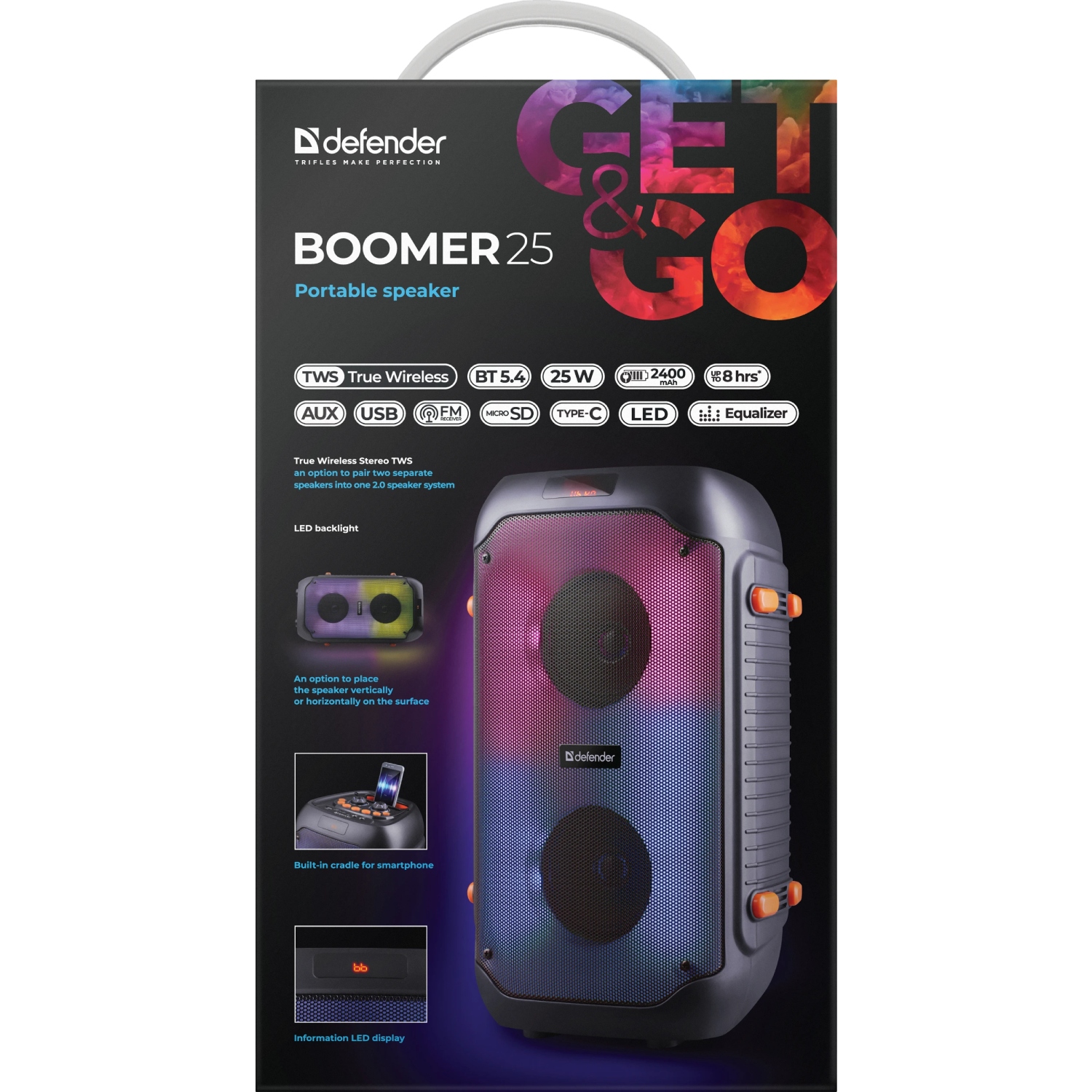 Акустична система 2.0 Defender Boomer 25, 25Вт RGB/BT/FM/USB/TF/AUX/MIC, чорна (65425) на малюнкі №12