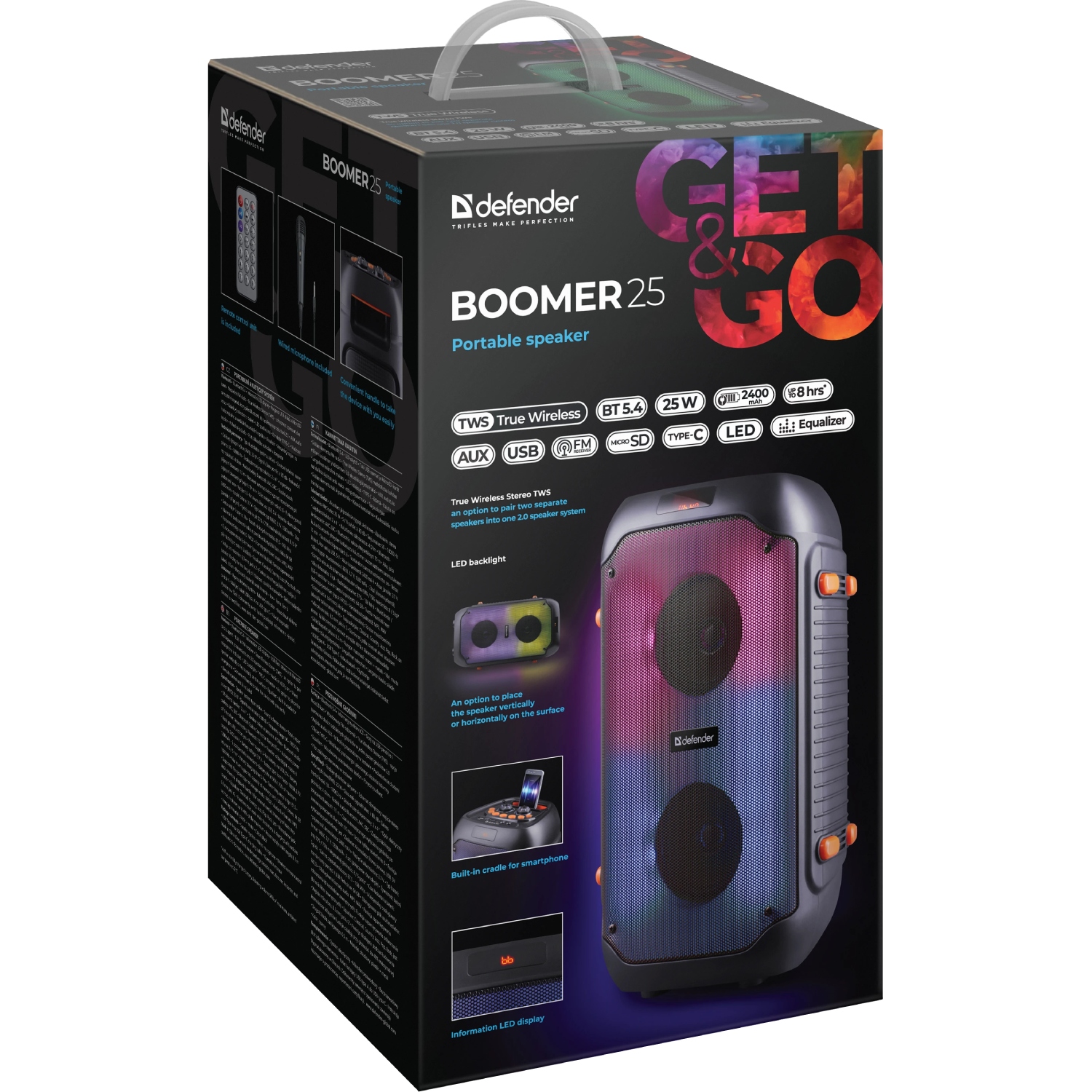 Акустична система 2.0 Defender Boomer 25, 25Вт RGB/BT/FM/USB/TF/AUX/MIC, чорна (65425) на малюнкі №13