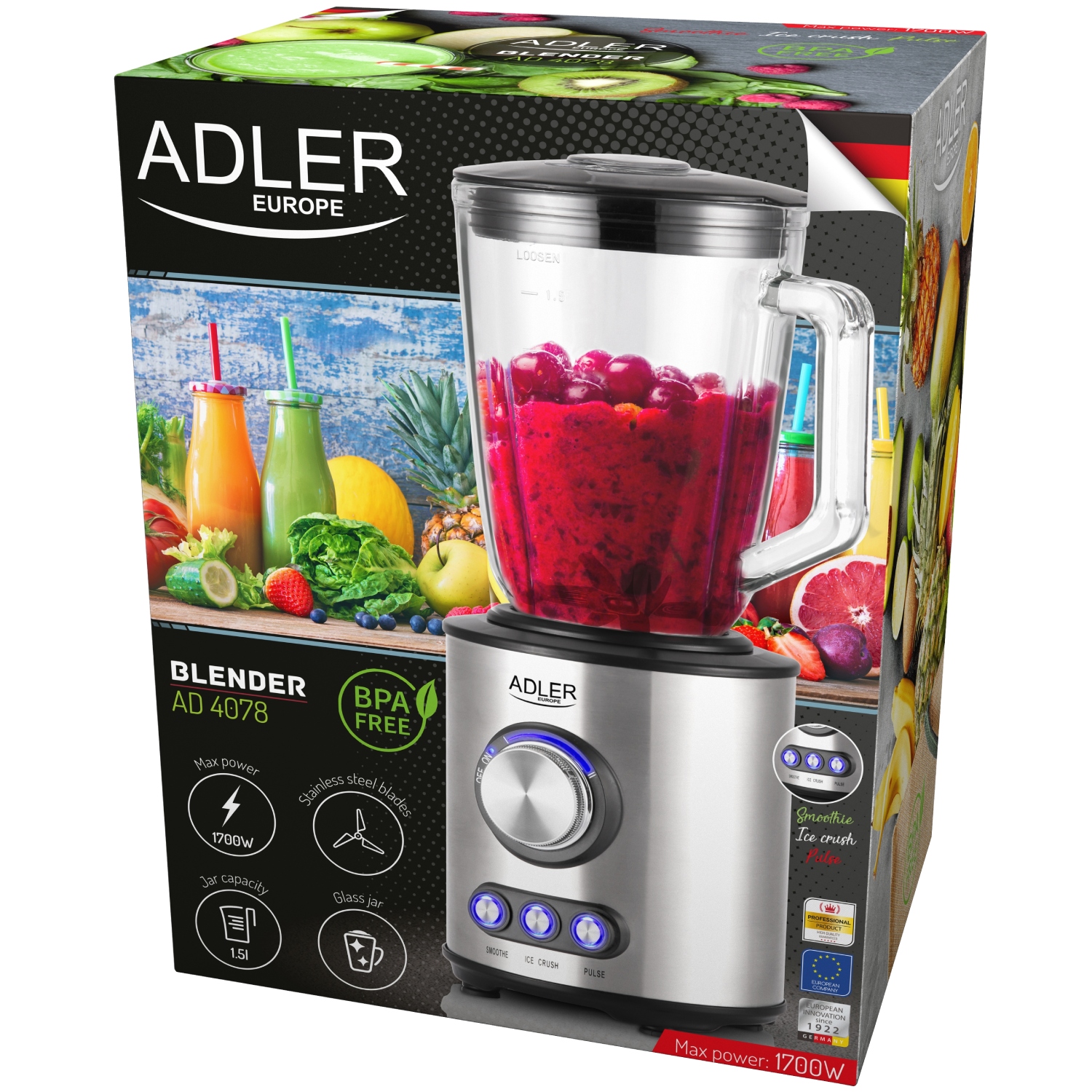 Блендер Adler AD 4078 стаціонарний 1700Вт/ 2 швидк./ Ice Crush/ чаша для змішування 1500мл/ срібляст (AD4078) Сірий на малюнкі №6