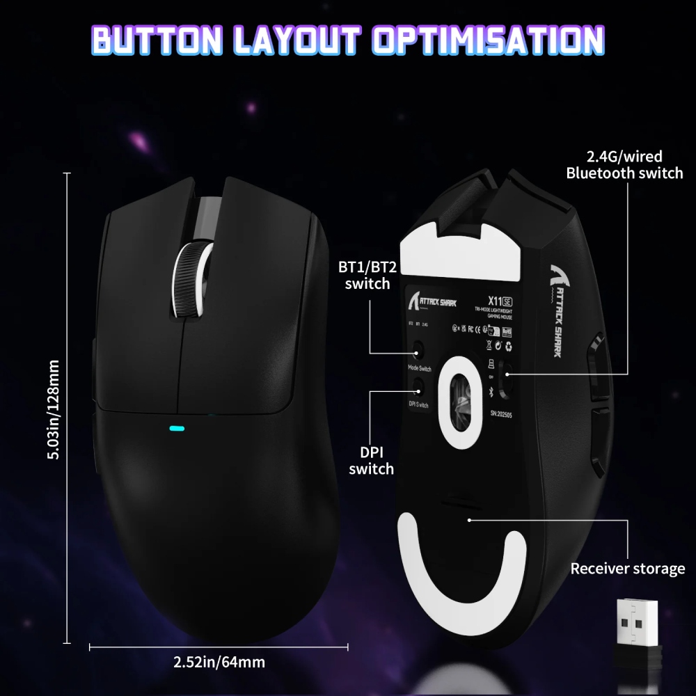 Мишка Attack Shark X11SE, Wireless//Bluetooth, 22000dpi. (PAW3311), 6кн, Black (X11SEB_AS) Чорний на малюнкі №8