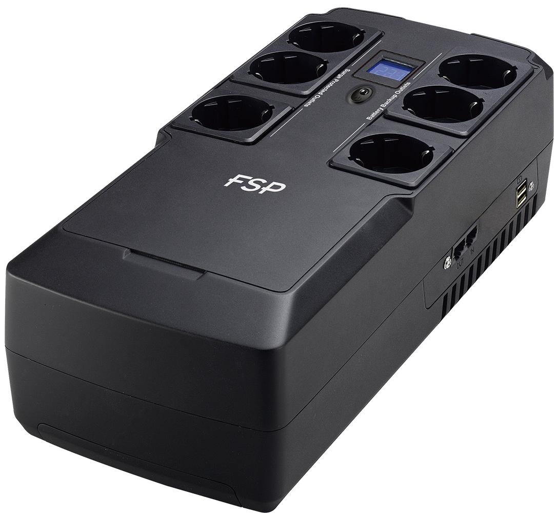 ДБЖ FSP NanoFit 800, 800ВА/480Вт, LCD, Schuko*6, USB +2хUSB для зарядки 5V/1A(Max.), AVR, RJ45 (PPF4801704) на малюнкі №1