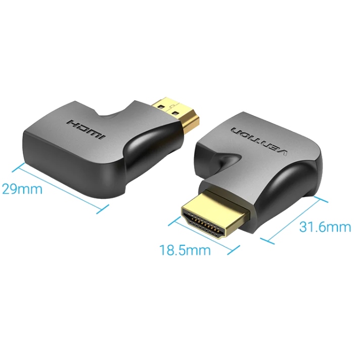 Перехідник HDMI F -- HDMI M, кут 270°, правий, PVC, чорний, Vention (AIQB0) на малюнкі №2